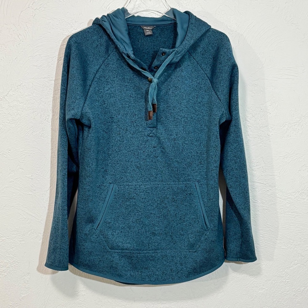 Eddie Bauer - Women Large -Teal Blue Knit Pullover Hoodie Cozy Soft Lounge